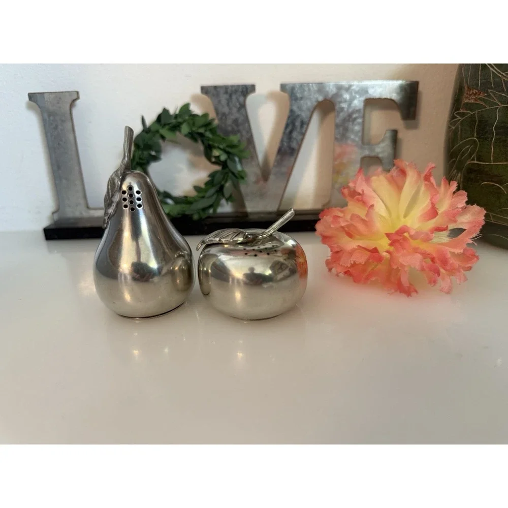 Vintage Kirk Stieff Lenox Pewter Apple & Pear Salt‎ & Pepper Shakers Fruit EUC